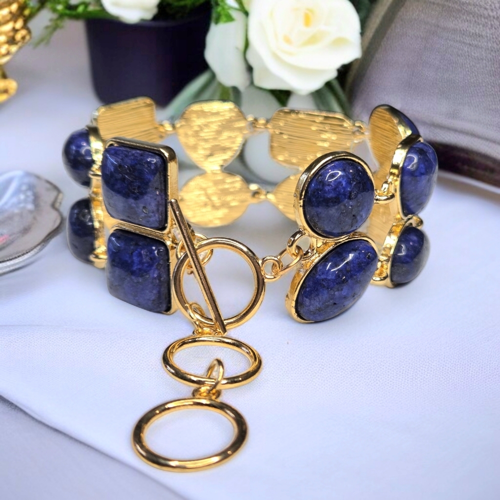 18k Gold Plated Designer Lapis Lazuli Chunky Toggle Bracelet